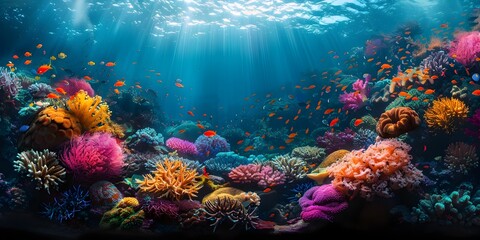 Fototapeta na wymiar Vibrant Coral Reef Teeming with Diverse Marine Life Under Glowing Sunlight