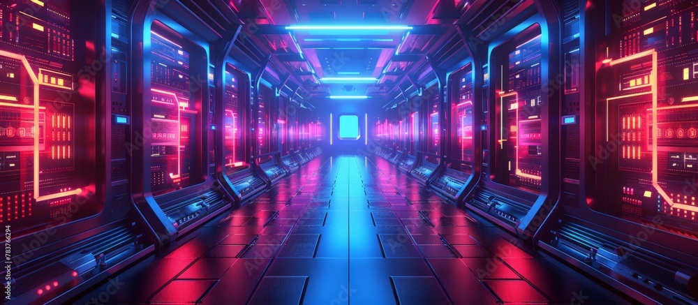 Poster Symmetric mainframes create a futuristic tech backdrop with neon-lit corridor and laptops