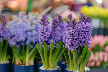 Fototapeta premium Purple hyacinths in pots for spring flowers on the table. Closeup of hyacinth flower plants in small plastic pots, ready to plant or gifts for holiday for family and friends at home garden background
