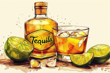 Tequila bottle with lime and ice on a wooden background. - 783766247