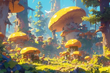 Fantasy mushroom forest, illustration, cartoon, art, background - obrazy, fototapety, plakaty