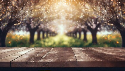 Tranquil Retreat: Wooden Tabletop with Orchard Bokeh Blur