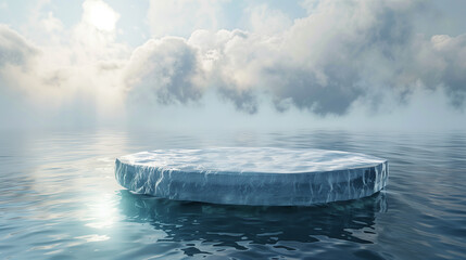 Obraz premium ice podium in the middle of an ocean, round flat ice block floating on water, background with clouds and mist for a product presentation mock up
