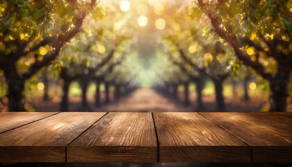 Tableau of Tranquility: Orchard Bokeh Behind Wooden Table