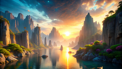futuristic landscape with cliffs and water