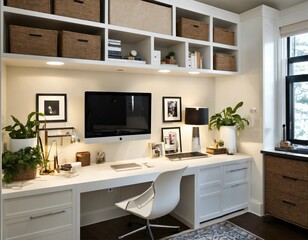 modern living room, small white modern home office with built ins