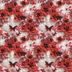 red White background red lace pattern butterfly flower beautiful seamless arts and crafts fashion design textile background wallpaper summer vintage 