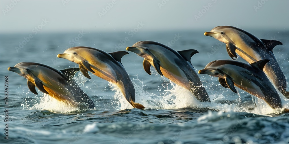 Wall mural Playful Dolphins Leaping and Diving in the Sun Dappled Ocean