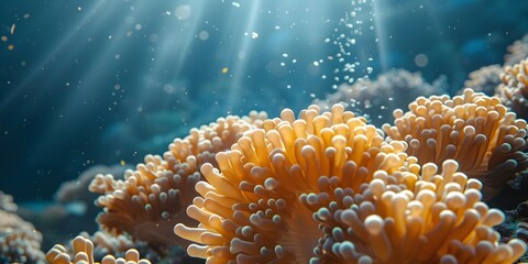 Naklejka na ściany i meble Vibrant Coral Polyps Illuminated by Sunlight Reveal the Intricate Beauty of the Underwater Reef Ecosystem