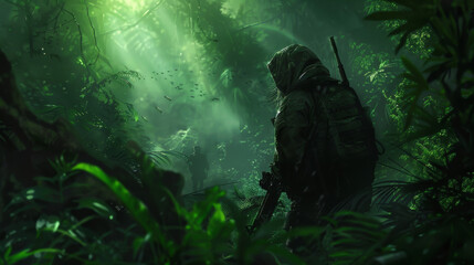Striking image of a soldier in the jungle with sunrays cutting through the misty atmosphere
