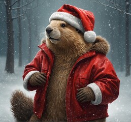 mascot beaver wear santa claus suit in the snow