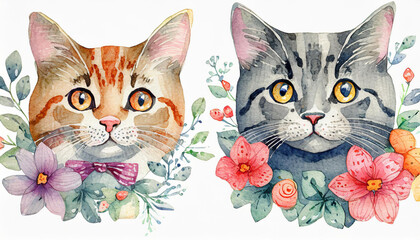Watercolor illustration of cute 2 cats, pet portraits, isolated on white background. Hand drawn art.