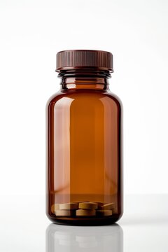 Amber Glass Bottle With Tablets Isolated on White