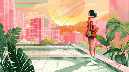 A girl standing on a rooftop in a city. She is looking out at the view with her back to the viewer. The city is made up of tall buildings and there are plants growing on the rooftop. The sun is settin