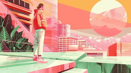 A man standing on a rooftop overlooking a city. The sky is a bright orange and the sun is setting. The man is wearing a red jacket and blue pants. He is looking out at the city with a thoughtful expre