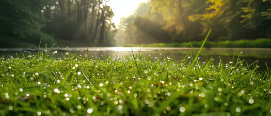 Dewdrops glistened on the fresh green grass by the river against the backdrop of trees in the distance and sunlight reflected on the calm surface of the water created with Generative AI Technology - obrazy, fototapety, plakaty