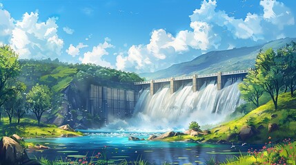 Imagine a serene countryside from a classic novel, where hydroelectric dams seamlessly blend into the landscape Depict a harmonious coexistence of nature and technology using traditional art medium