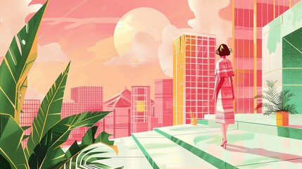 A woman in a pink dress standing on a rooftop in an urban setting, looking out at the city. The sky is a gradient of pink and orange, and the buildings are pink and white. The image has a retro-futuri