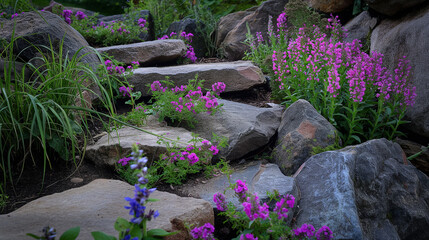 Rock garden with flowers, alpine slide, twilight colours