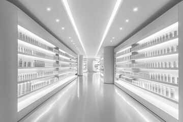 A clean and minimalist pharmacy aisle dedicated to hyaluronic acid products under soft lighting