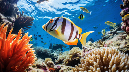 Naklejka na ściany i meble Vibrant Coral Reef with Tropical Fish Underwater