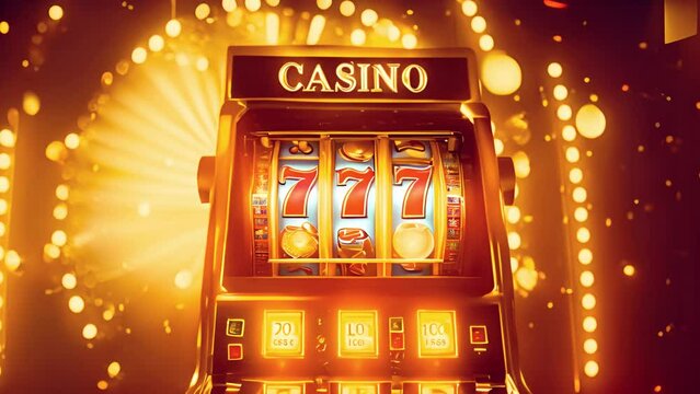 Casino design with slots 777 and golden coins. Big win 3D animation of Jackpot slots machine win with flying coins and yellow shiny background. 777 jackpot symbol on slots. Gambling 4k video concept 