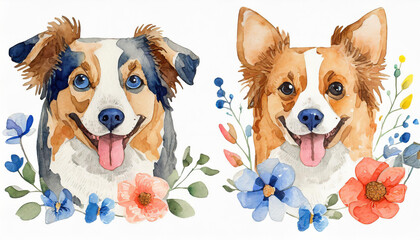 Watercolor illustration of cute 2 dogs, pet portraits, isolated on white. Hand drawn art.