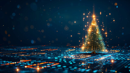 A blue and purple image of a Christmas tree with the year 2013 on it. The image is a computer-generated design and he is a futuristic cityscapev - obrazy, fototapety, plakaty