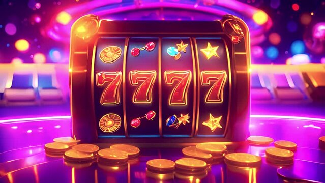 Casino design with slots 777 and golden coins. Big win 3D animation of Jackpot slots machine win with flying coins and yellow shiny background. 777 jackpot symbol on slots. Gambling 4k video concept 