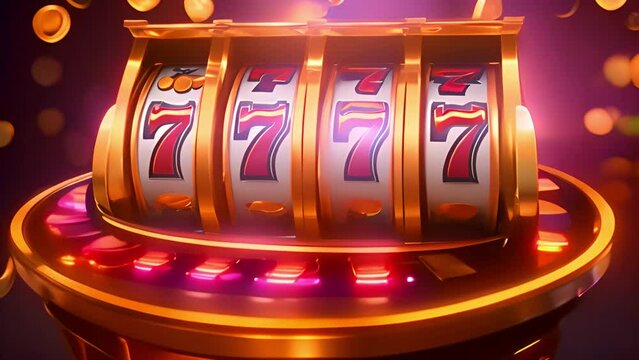 Casino design with slots 777 and golden coins. Big win 3D animation of Jackpot slots machine win with flying coins and yellow shiny background. 777 jackpot symbol on slots. Gambling 4k video concept 