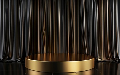 gold circular podium for luxury product display with elegant yellow golden silk satin curtain background composition with spotlight 3d rendering illustration