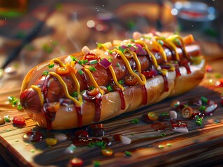 Mouth-watering hot dog with a generous amount of toppings and sauces. - obrazy, fototapety, plakaty