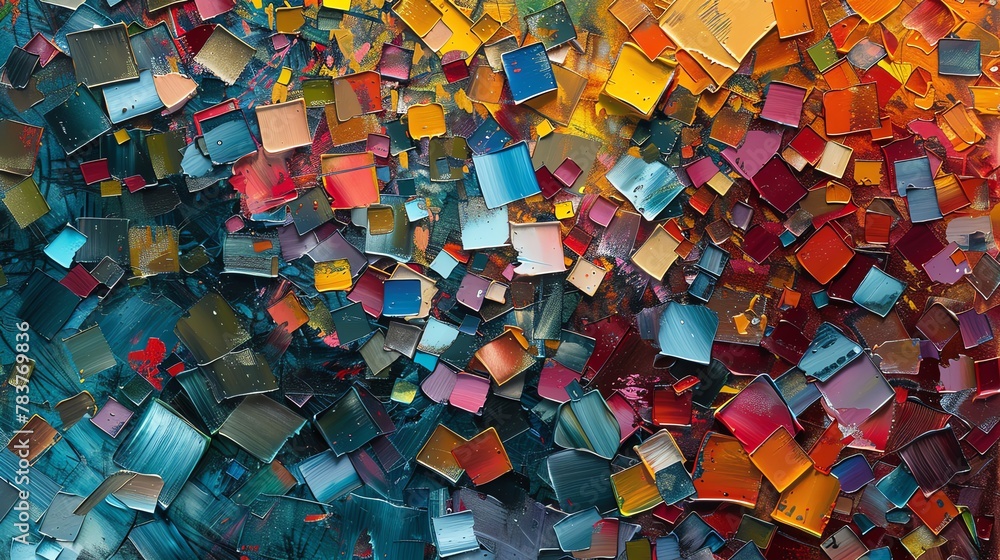 Poster colorful geometric shapes creating a vibrant and abstract mosaic pattern.