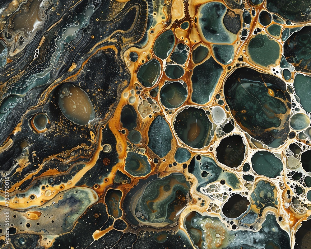 Poster abstract fluid art with interconnecting cells in gold and black creating a luxurious pattern.