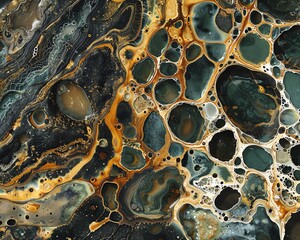 Abstract fluid art with interconnecting cells in gold and black creating a luxurious pattern.