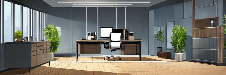 modern office interior, office is modern in gray colors, illustration, realistic 