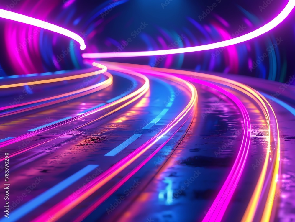 Poster vibrant neon light trails on curved roadway in an abstract representation of speed and motion.