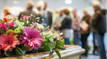 Obraz premium Coffin decorated with flowers during funeral viewing