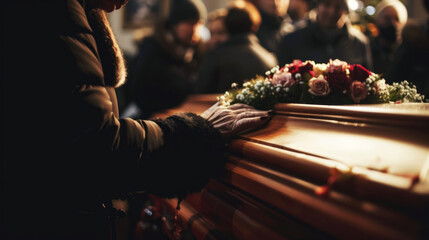 Hand touching a coffin, last respect - obrazy, fototapety, plakaty