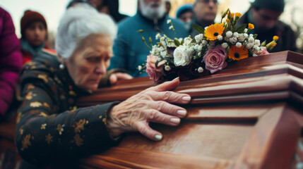 Fototapeta na wymiar Woman crying near the coffin, funeral scene
