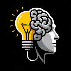 Graphic illustration icon of a human profile with brain and lightbulb, symbolizing creativity
