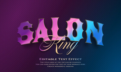 ”Salon King” Editable title logo text style effect in purple, pink and light blue gradation thin golden border, sans serif typeface
 - obrazy, fototapety, plakaty