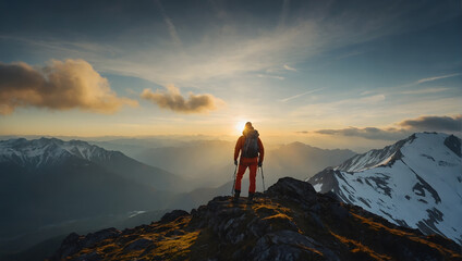 A mountaineer reaching the summit of a mountain - obrazy, fototapety, plakaty