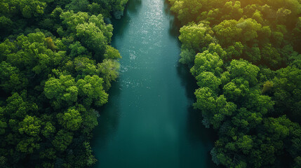 River and green forest on either side, rich forest aerial view