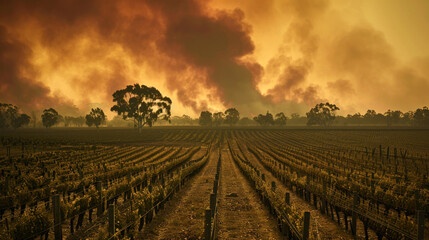 Vineyard and forest fire - grape harvest is in danger