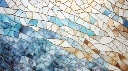 mosaic of blue and white tiles with a pattern of waves