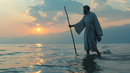 Jesus Christ walking on sea surface, sunset light