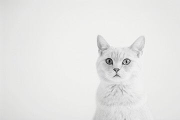 Obraz premium Curious cat with wide open eyes looking up at the camera in black and white photo