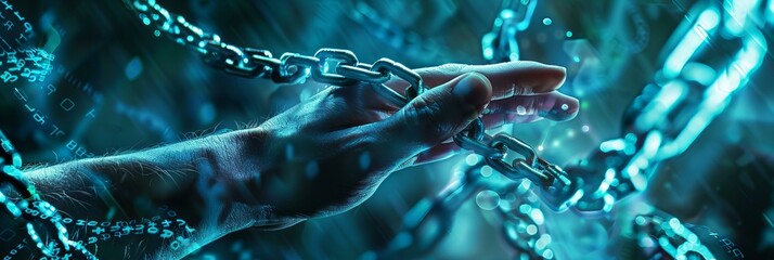 Powerful image of hands breaking chains with lightning effects. Strength and freedom concept