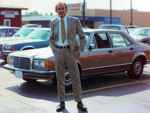 A sleazy used car salesman stands in his lot, ready to pressure customers into a bad deal.
